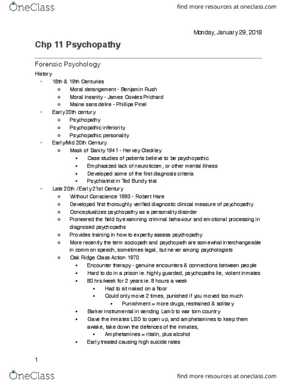 PSYO 3224 Chapter Notes - Chapter 11 Psychopathy: Psychopathy Checklist, Biology Of Depression, Reduced Affect Display thumbnail
